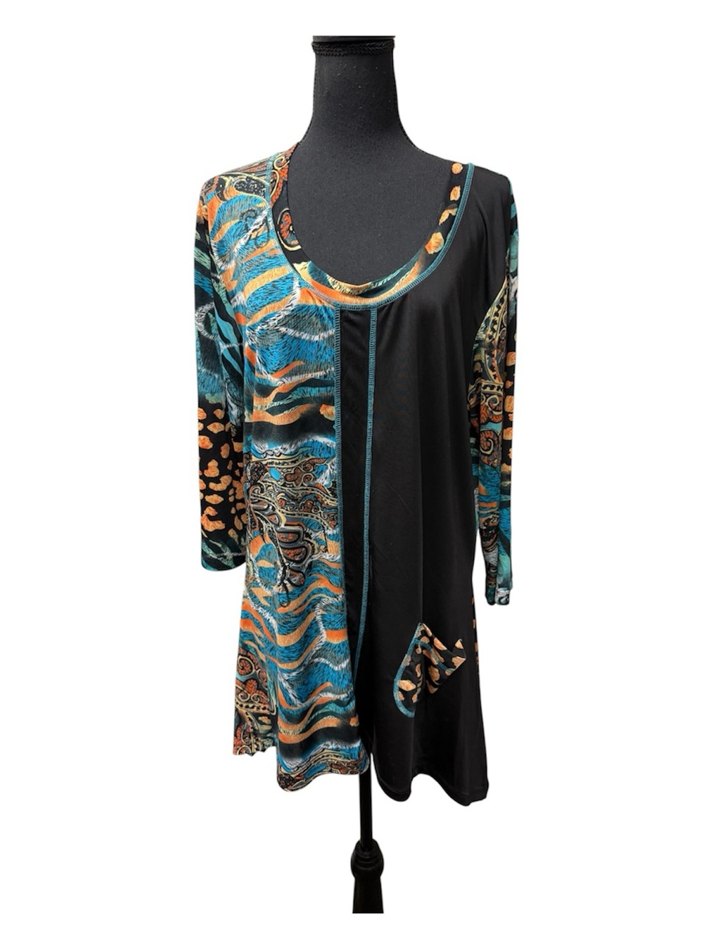 Nicole Marie Abstract Animal Print Tunic Top Large Boho Stretch Pocket Tee
